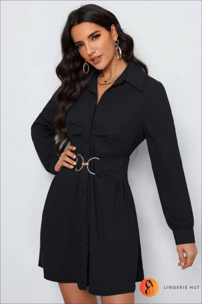 Button-front Shirt Dress with Belt Detail for All Season, Autumn, Casual, Everyday, Formal Wear