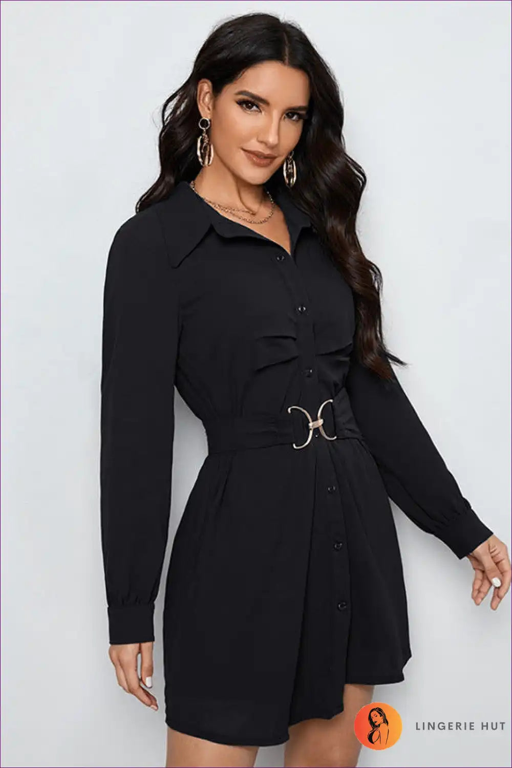 Button-front Shirt Dress with Belt Detail for All Season, Autumn, Casual, Everyday, Formal Wear