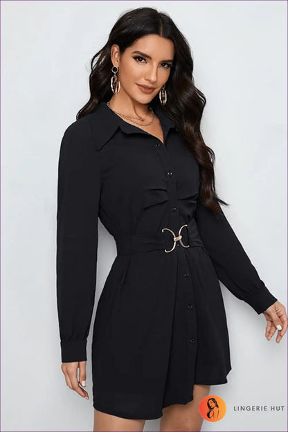 Button-front Shirt Dress with Belt Detail for All Season, Autumn, Casual, Everyday, Formal Wear