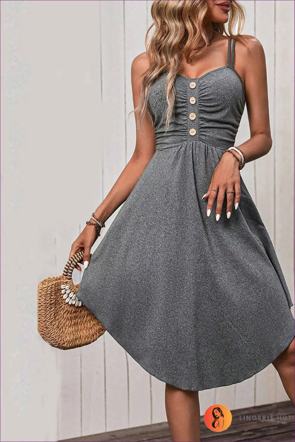 Button-front Sundress Midi Dress - Effortless Summer Chic - s / Grey - Dresses - A-line • Button Front • Casual