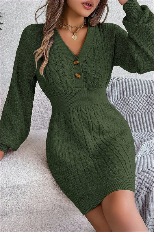 Elevate Your Fall/winter Style With Lingerie Hut’s Button V-neck, Twist Lantern Sleeve, Sweater Dress. Regular
