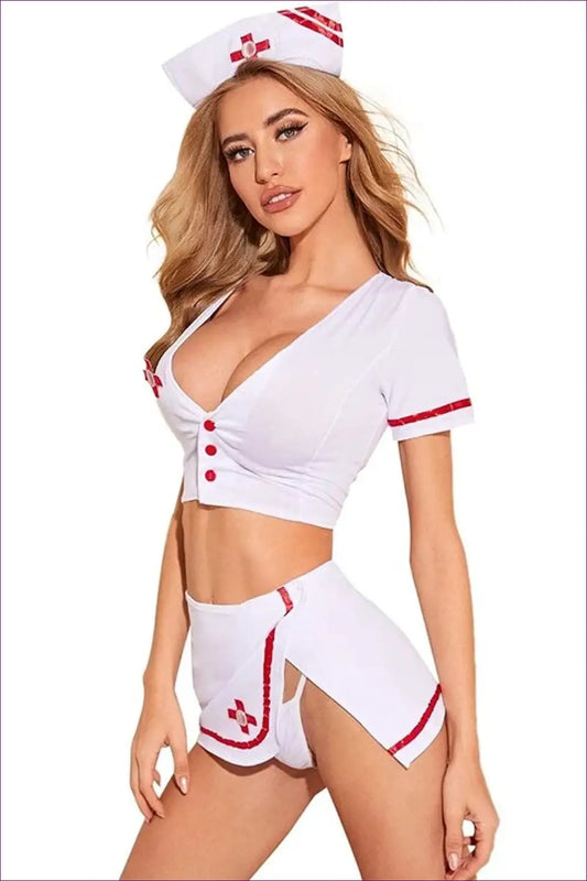 Elevate Your Role-play Fantasies With Lingerie Hut’s Button Up Deep v Nurse Uniform. Meets Side Slit Skirt.