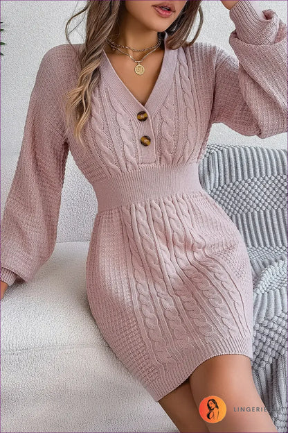 Elevate Your Fall/winter Style With Lingerie Hut’s Button V-neck, Twist Lantern Sleeve, Sweater Dress. Regular
