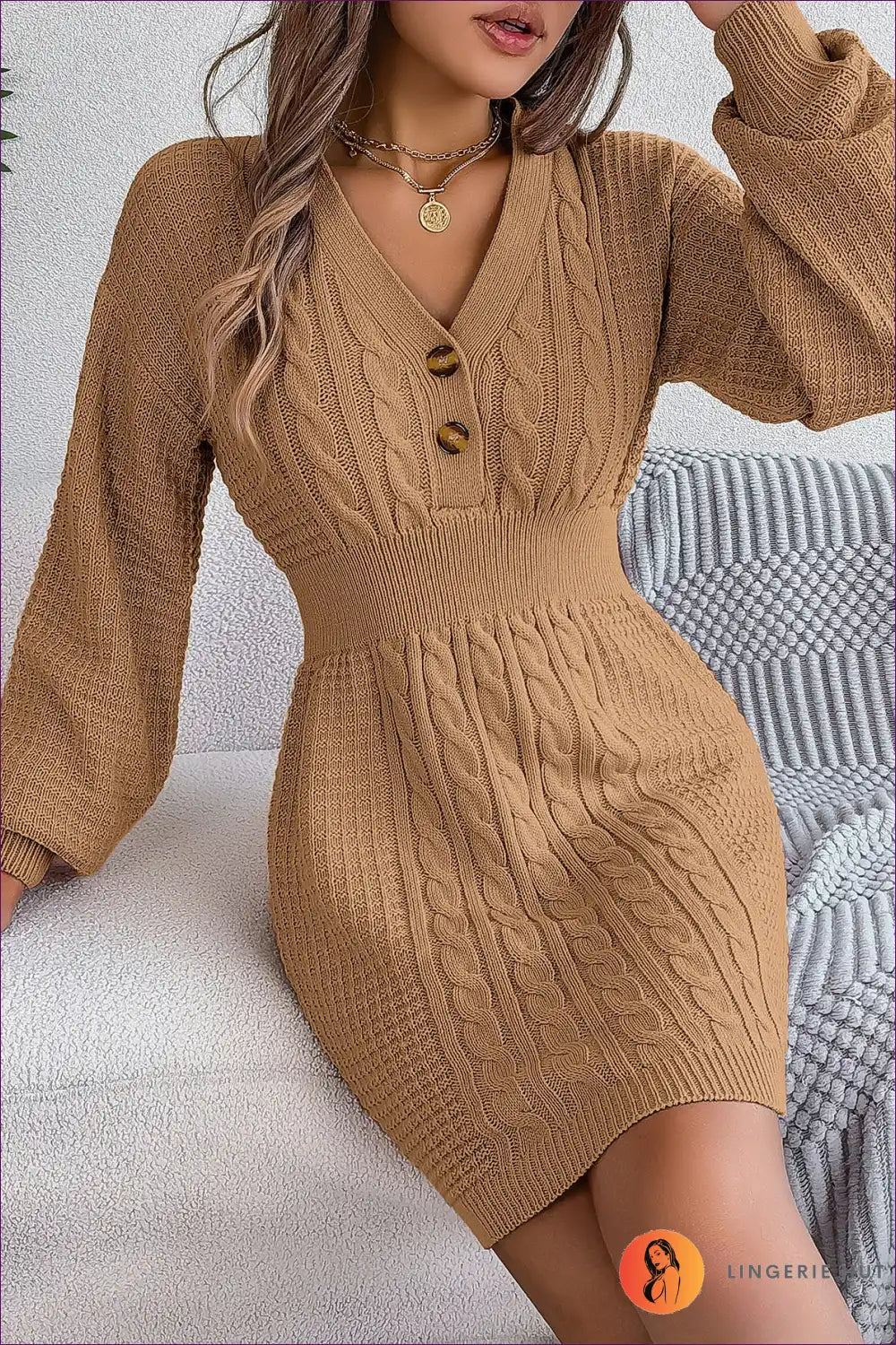 Elevate Your Fall/winter Style With Lingerie Hut’s Button V-neck, Twist Lantern Sleeve, Sweater Dress. Regular