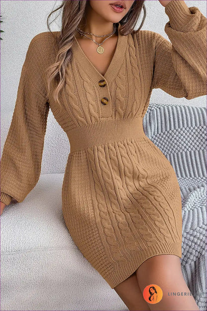 Elevate Your Fall/winter Style With Lingerie Hut’s Button V-neck, Twist Lantern Sleeve, Sweater Dress. Regular
