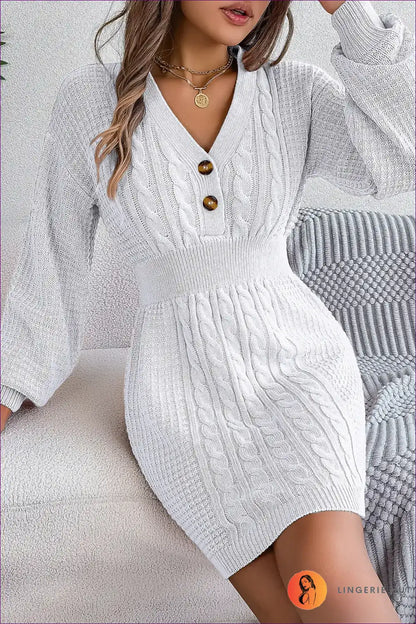 Elevate Your Fall/winter Style With Lingerie Hut’s Button V-neck, Twist Lantern Sleeve, Sweater Dress. Regular