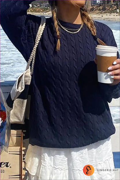 Cable Knit Jumper with Crew Neck - Cosy Weekends for All Season, Autumn, Boho, Casual, Cotton