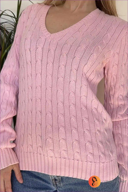 Cable Knit Jumper with V-neck - Classic Comfort for All Season, Autumn, Casual, Cotton, Everyday