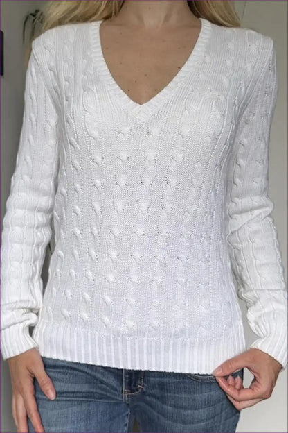 Cable Knit Jumper with V-neck - Classic Comfort for All Season, Autumn, Casual, Cotton, Everyday