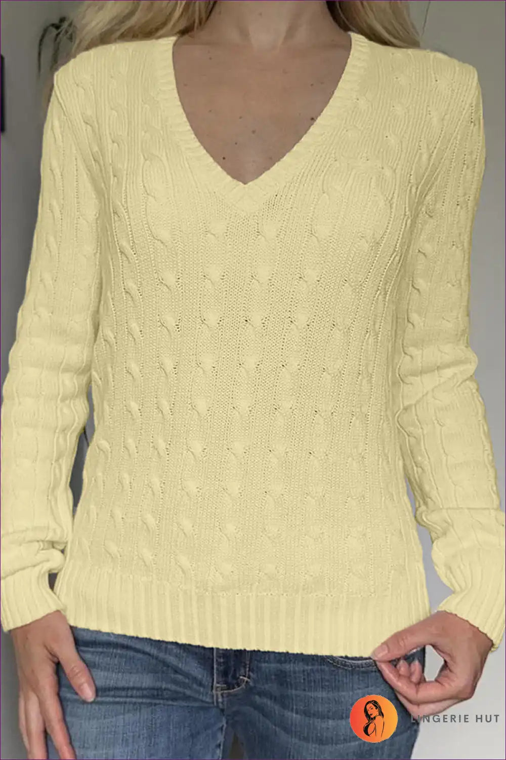 Cable Knit Jumper with V-neck - Classic Comfort for All Season, Autumn, Casual, Cotton, Everyday