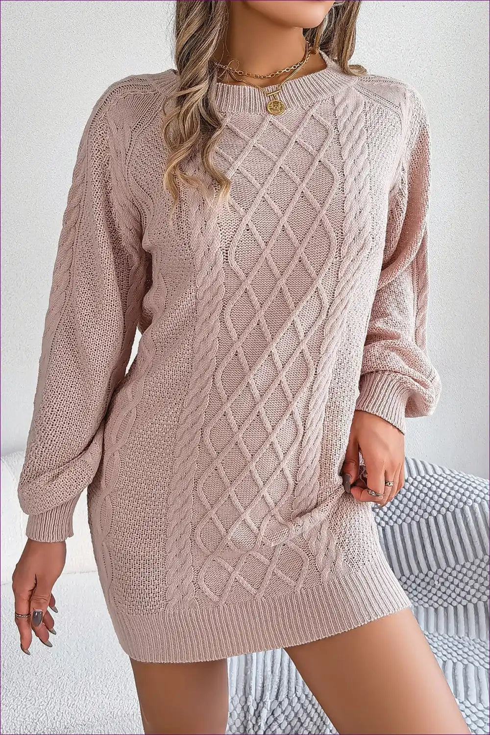 Cable Knit Lantern Sleeve Sweater Dress - Relaxed Everyday Charm for Autumn, Casual, Everyday, just In, Mini
