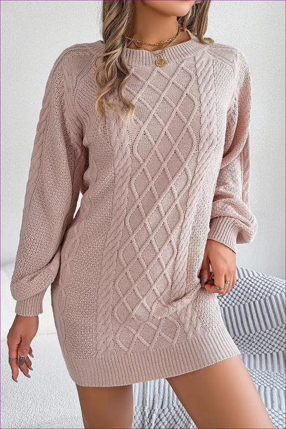 Cable Knit Lantern Sleeve Sweater Dress - Relaxed Everyday Charm for Autumn, Casual, Everyday, just In, Mini
