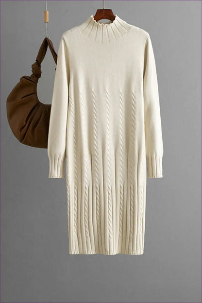 Cable Knit Midi Sweater Dress with Mock Neck - Autumn Comfort for Autumn, Casual, Everyday, just In,