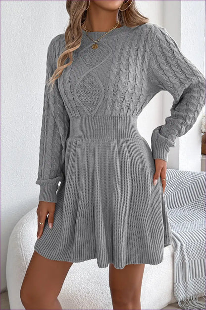 Cable Knit Skater Sweater Dress with Fitted Waist - Cosy Days for A-line, Autumn, Casual, Cotton, Everyday