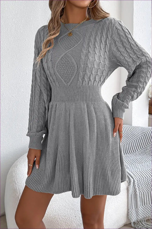 Cable Knit Skater Sweater Dress with Fitted Waist - Cosy Days for A-line, Autumn, Casual, Cotton, Everyday