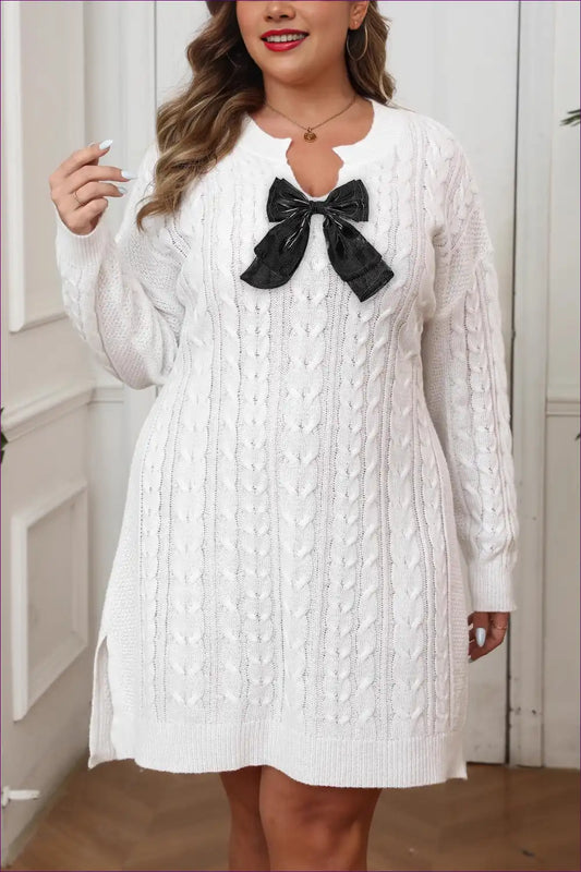 Cable Knit Sweater Dress with Bow Detail - Cosy Everyday Style for Autumn, Casual, Everyday, just In, Winter