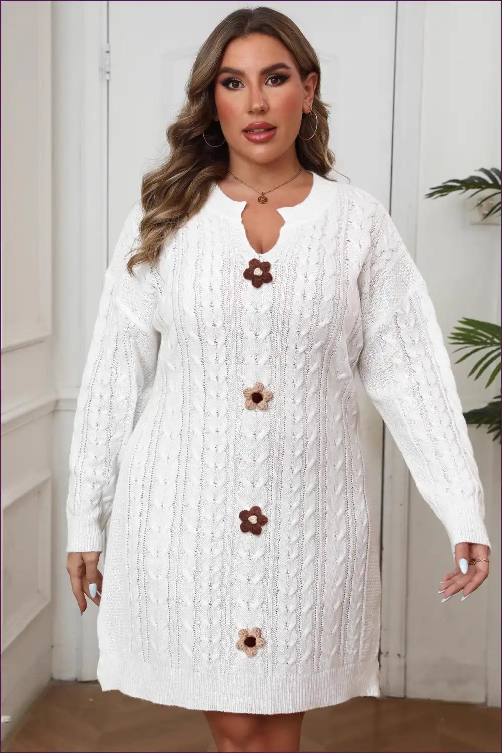 Cable Knit Sweater Dress with Floral Buttons - Charming Daywear for Autumn, Casual, Everyday, Floral,