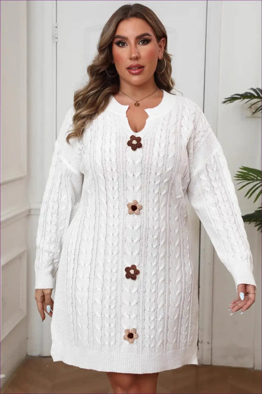 Cable Knit Sweater Dress with Floral Buttons - Charming Daywear for Autumn, Casual, Everyday, Floral,