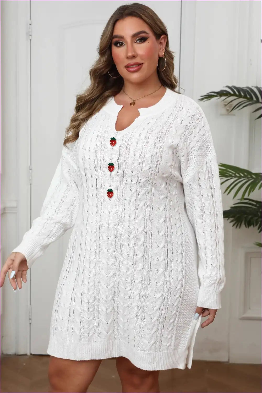 Cable Knit Sweater Dress with Strawberry Buttons - Playful Everyday for Autumn, Bridal, Casual, Everyday,