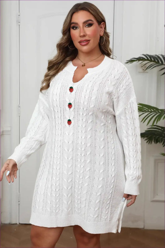Cable Knit Sweater Dress with Strawberry Buttons - Playful Everyday for Autumn, Bridal, Casual, Everyday,