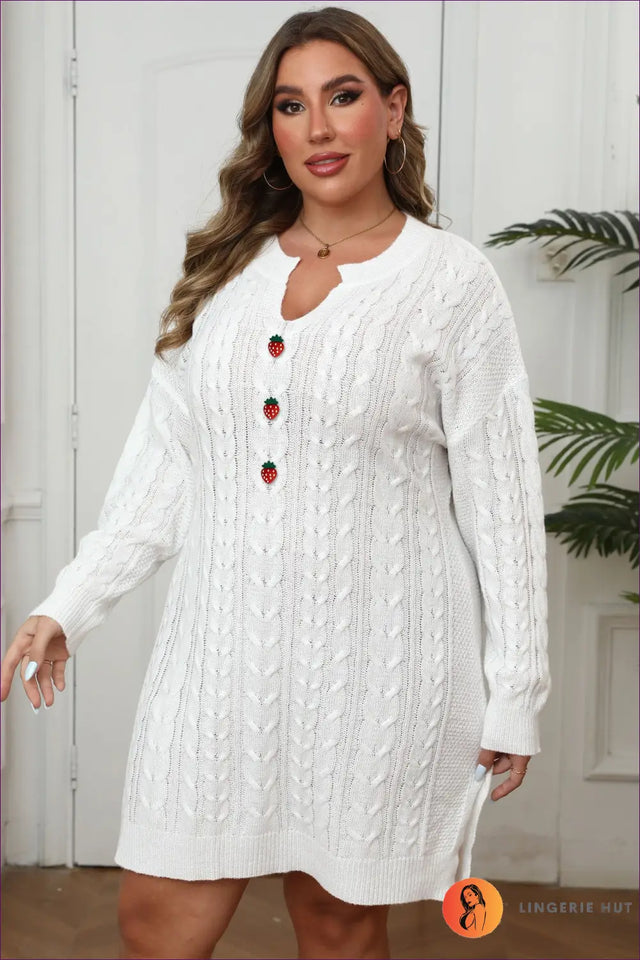 Cable Knit Sweater Dress with Strawberry Buttons - Playful Everyday