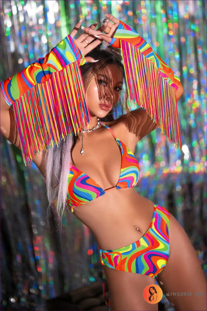 Dive Into Summer With Our Candy Swirl Fringe Bikini! Perfect For Beach Parties & Poolside Fun. Grab Yours