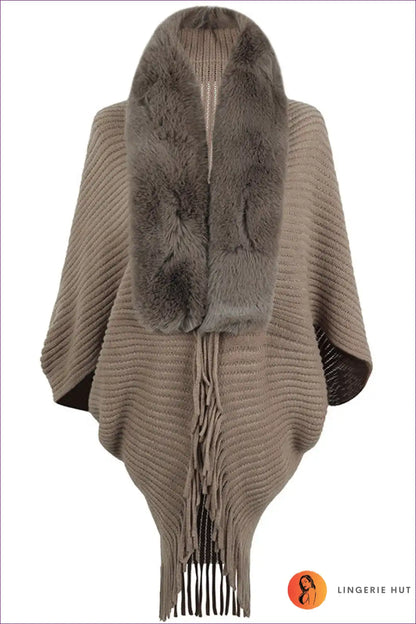 Cape with Faux Fur Collar - Winter Elegance Statement for All Season, Boho, Casual, Evening Wear, Formal Wear