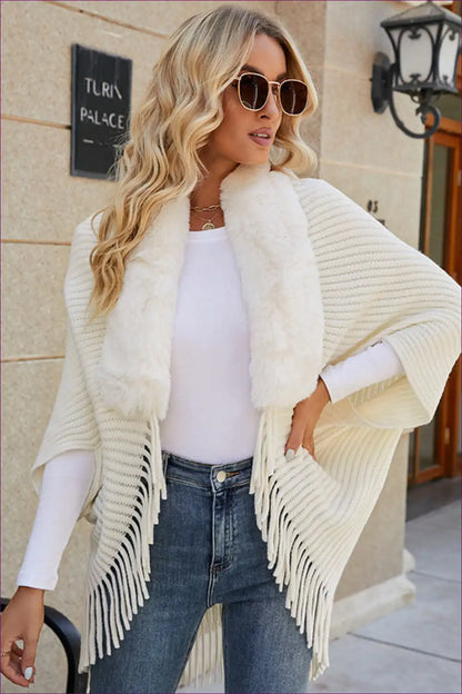 Cape with Faux Fur Collar - Winter Elegance Statement for All Season, Boho, Casual, Evening Wear, Formal Wear