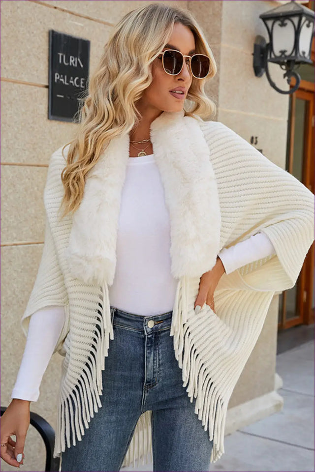 Faux Fur Collar Cape Jacket - Understated Winter Glamour
