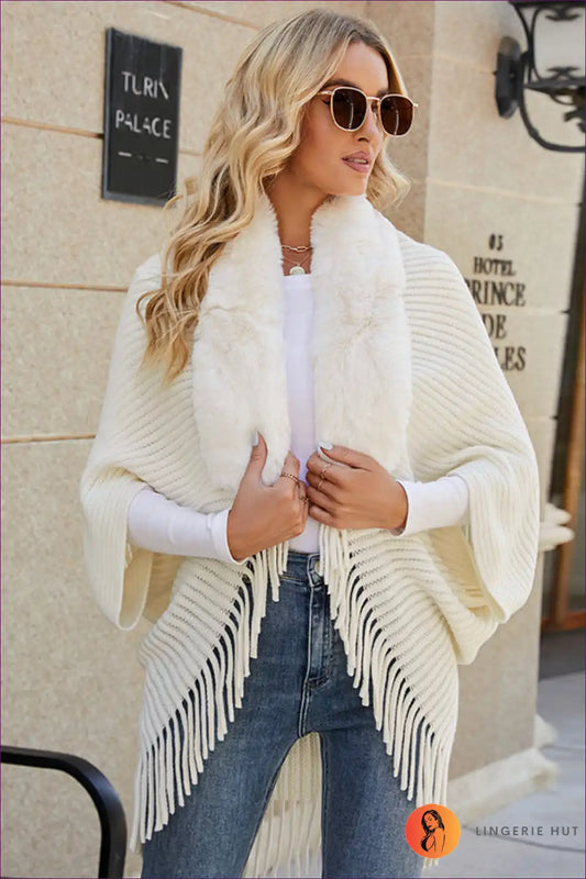 Cape with Faux Fur Collar - Winter Elegance Statement for All Season, Boho, Casual, Evening Wear, Formal Wear