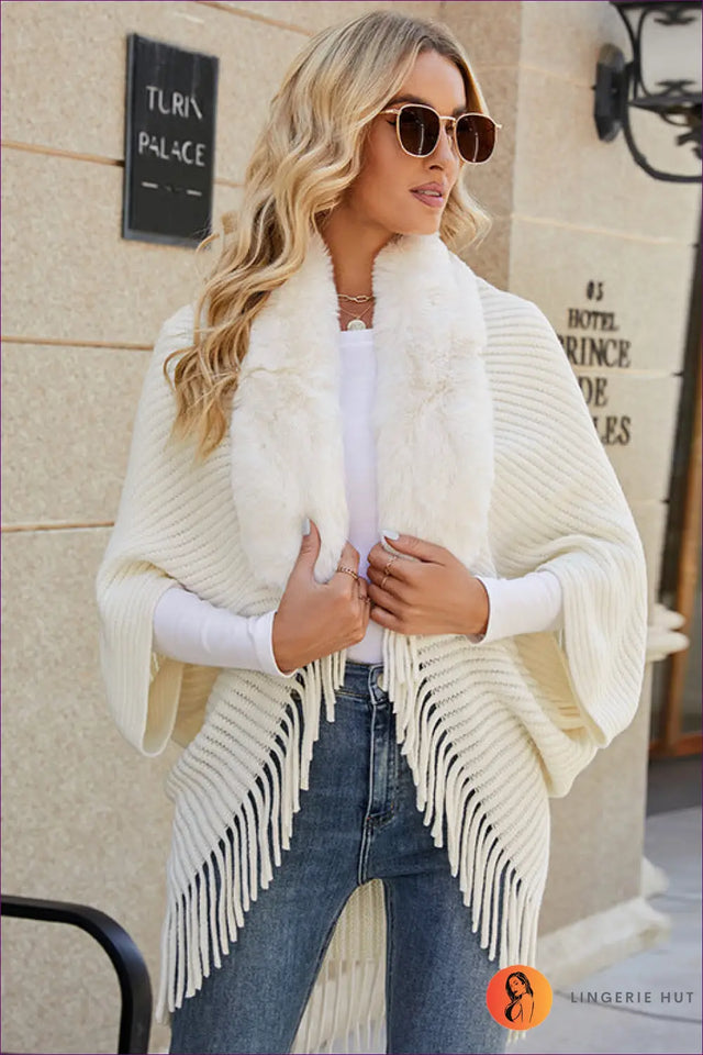 Faux Fur Collar Cape Jacket - Understated Winter Glamour