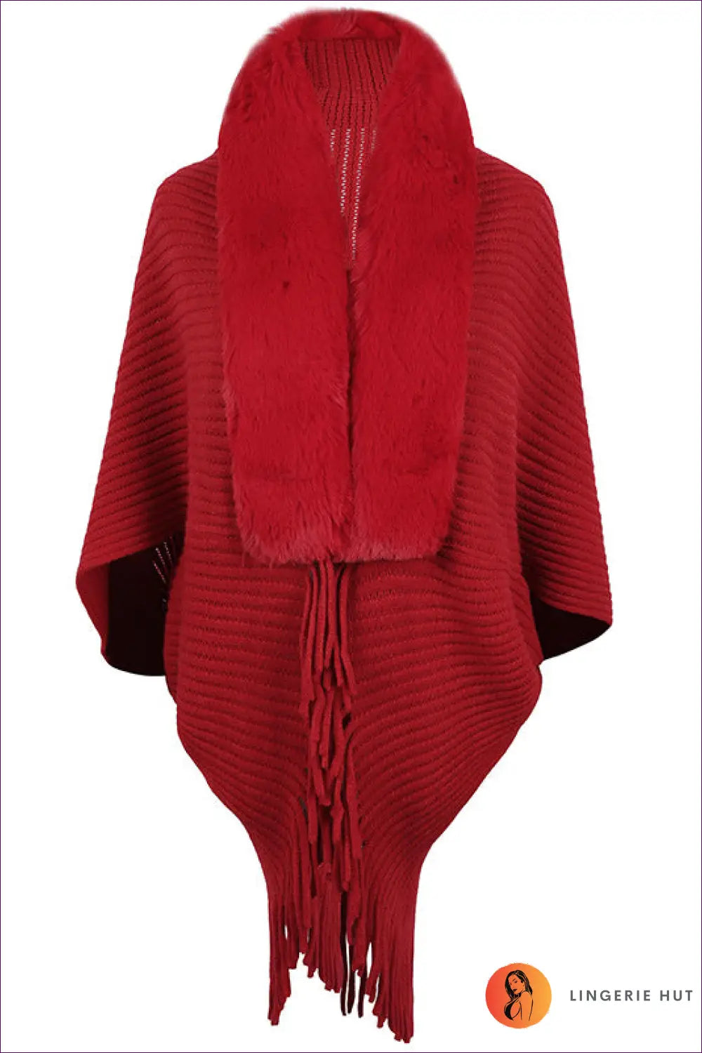 Faux Fur Collar Cape Jacket - Understated Winter Glamour - one Size / Red - Jacket - Casual • Party • Polyester
