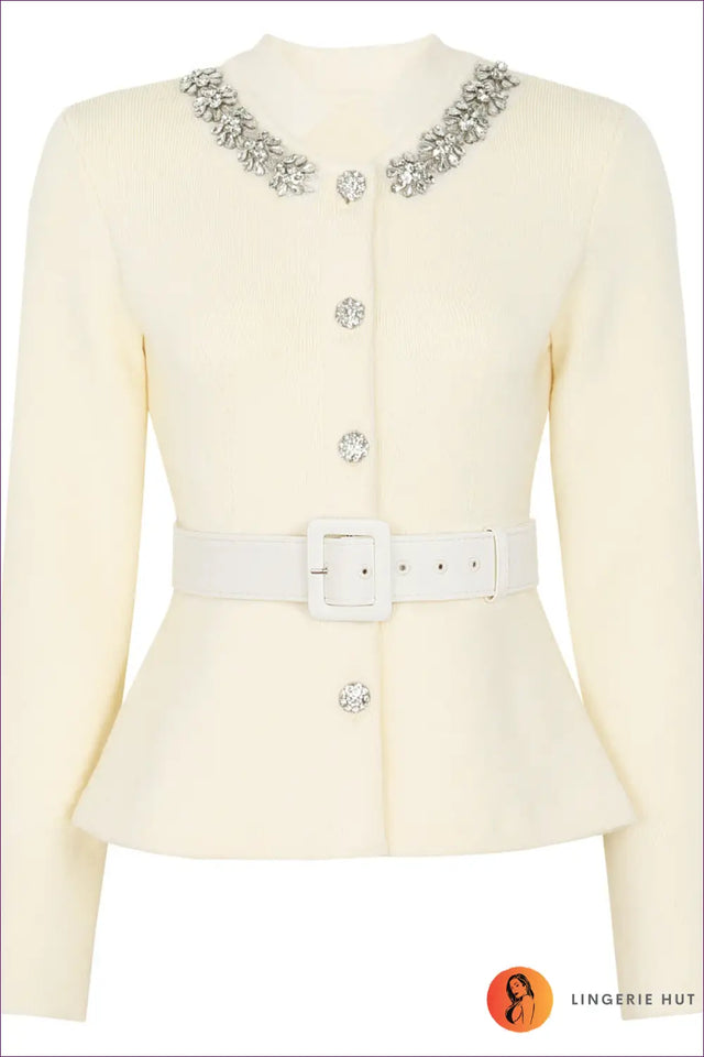 Belted Jacket with Crystal Collar - Luxe Statement