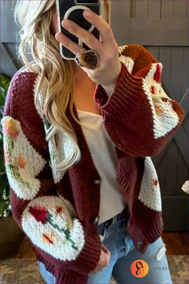 Floral Motif Cardigan Jumper - Effortless Bohemian Expression