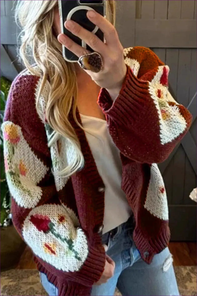 Floral Motif Cardigan Jumper - Effortless Bohemian Expression