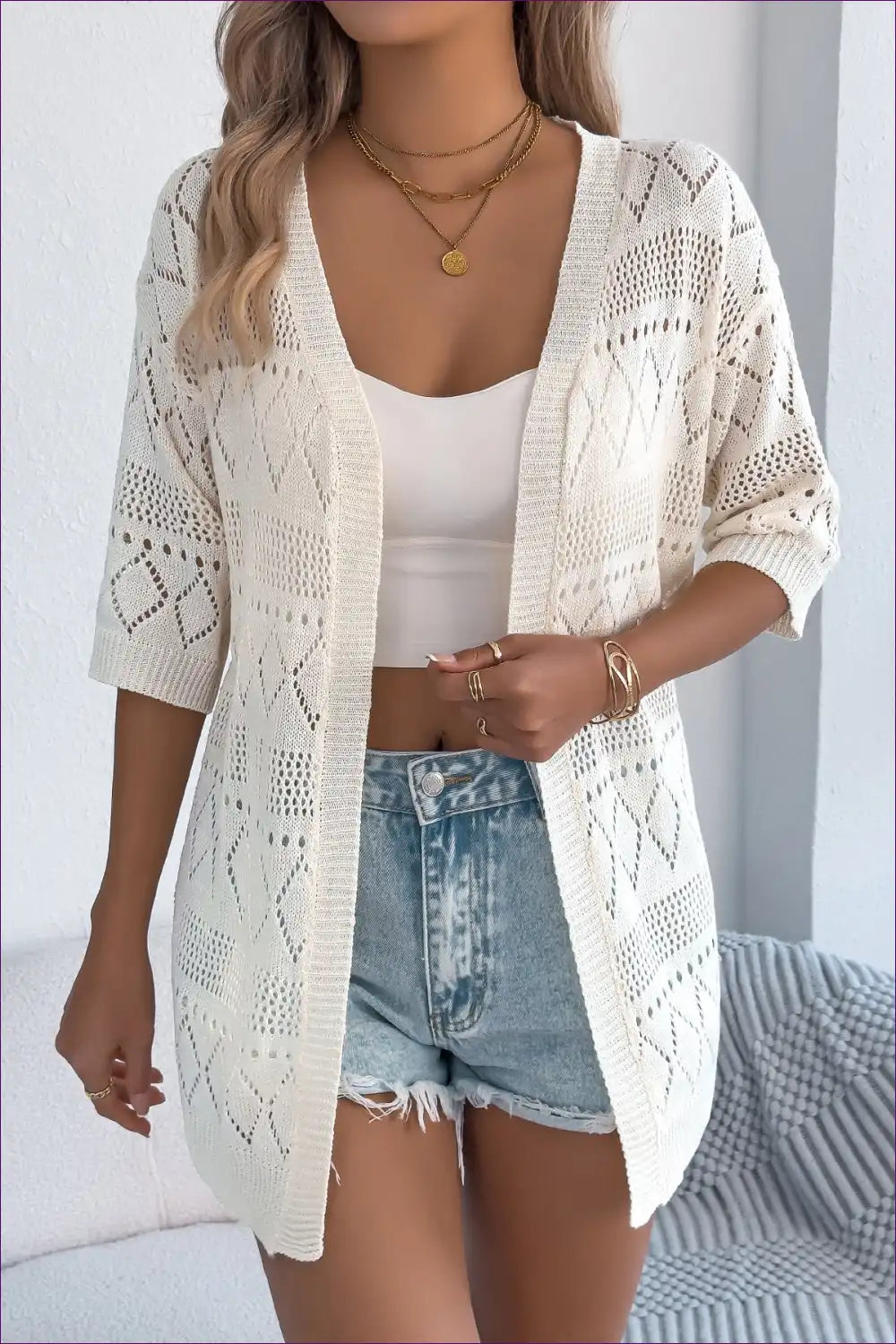 Cardigan with Open-knit Detail - Coastal Breeze for All Season, Boho, Casual, Cotton, Cover Up