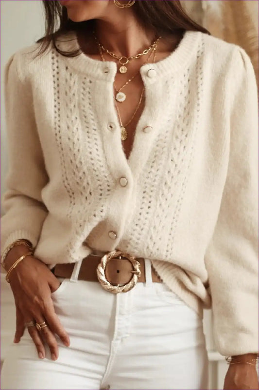 Cardigan with Pointelle Detail - Romantic Minimalist for All Season, Autumn, Casual, Cotton, Crop