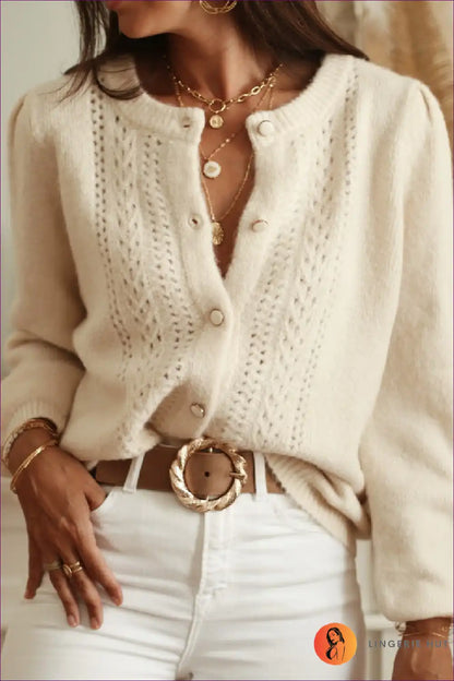 Cardigan with Pointelle Detail - Romantic Minimalist for All Season, Autumn, Casual, Cotton, Crop