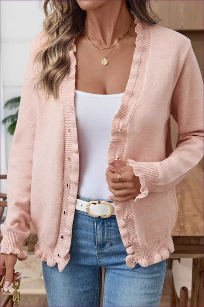 Cardigan with Ruffle Trim - Romantic Everyday Luxury for All Season, Casual, Everyday, Glamour,