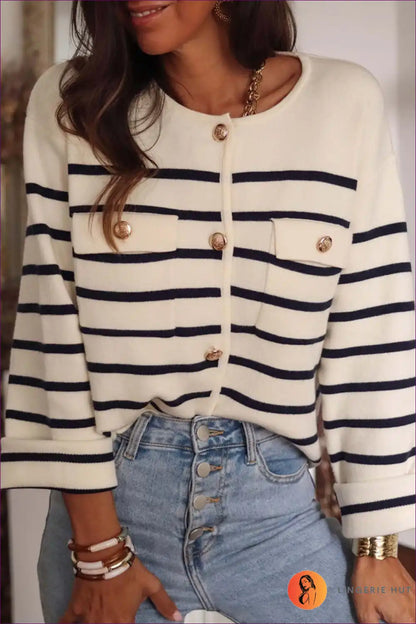Cardigan with Stripe Detail - Parisian Elegance for All Season, Autumn, Casual, Cotton, Everyday
