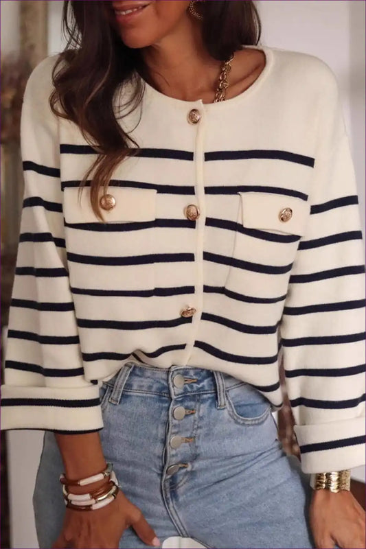 Cardigan with Stripe Detail - Parisian Elegance for All Season, Autumn, Casual, Cotton, Everyday