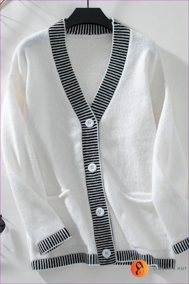 Striped Trim Cardigan Sweater - Effortless Everyday Polish