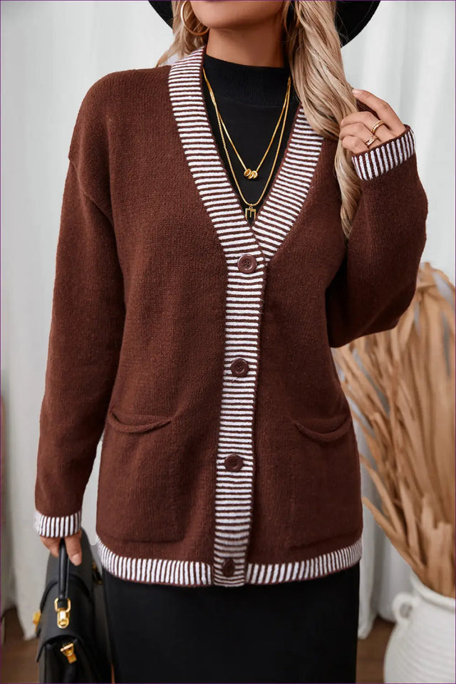 Striped Trim Cardigan Sweater - Effortless Everyday Polish