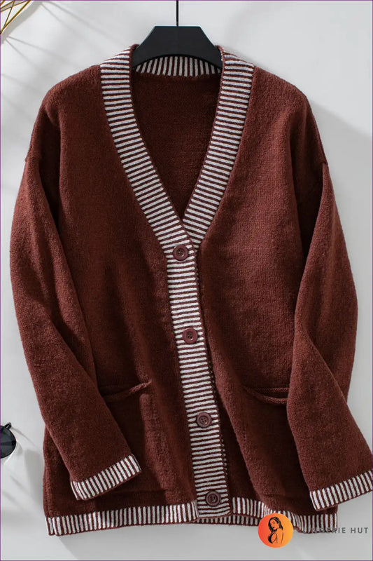 Cardigan with Striped Trim - Cosy Office Confidence for All Season, Autumn, Casual, Cotton, Everyday