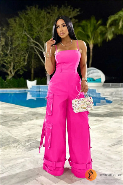 Cargo Pocket Jumpsuit - Effortless Everyday Energy - s / Rose Red - Lingerie Hut - Casual • Cutout • Outerwear