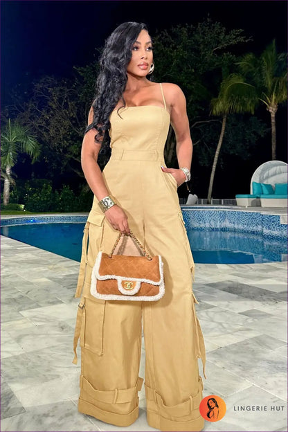 Cargo Pocket Jumpsuit - Effortless Everyday Energy - s / Khaki - Lingerie Hut - Casual • Cutout • Outerwear