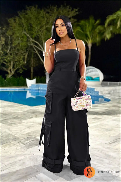 Cargo Pocket Jumpsuit - Effortless Everyday Energy - s / Black - Lingerie Hut - Casual • Cutout • Outerwear