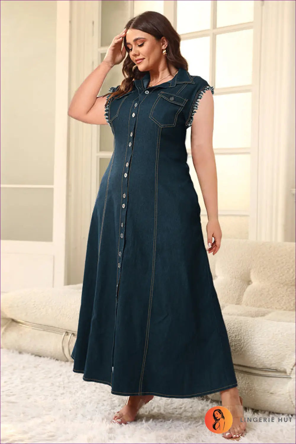 Casual Collared Denim Maxi Dress – Summer Breeze For x