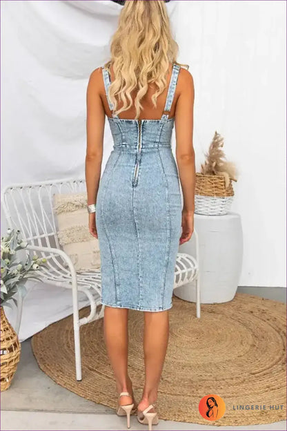 Casual Spaghetti Strap Denim Dress – Summer Chic For Date Night, Denim, Dress, Everyday, Midi