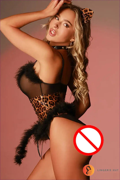 Cat Bodysuit with Leopard Print and Feather Trim - Fierce Role-play for Animal, Bodysuit, Boudoir, Corset,